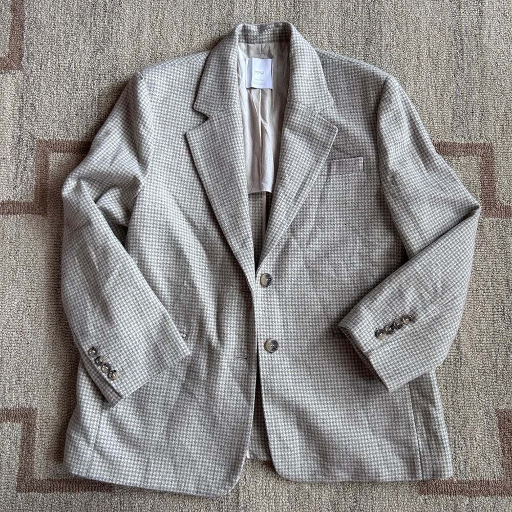 Mango Wool Houndstooth Blazer Beige Oversized Old Money Preppy Academia Jacket L